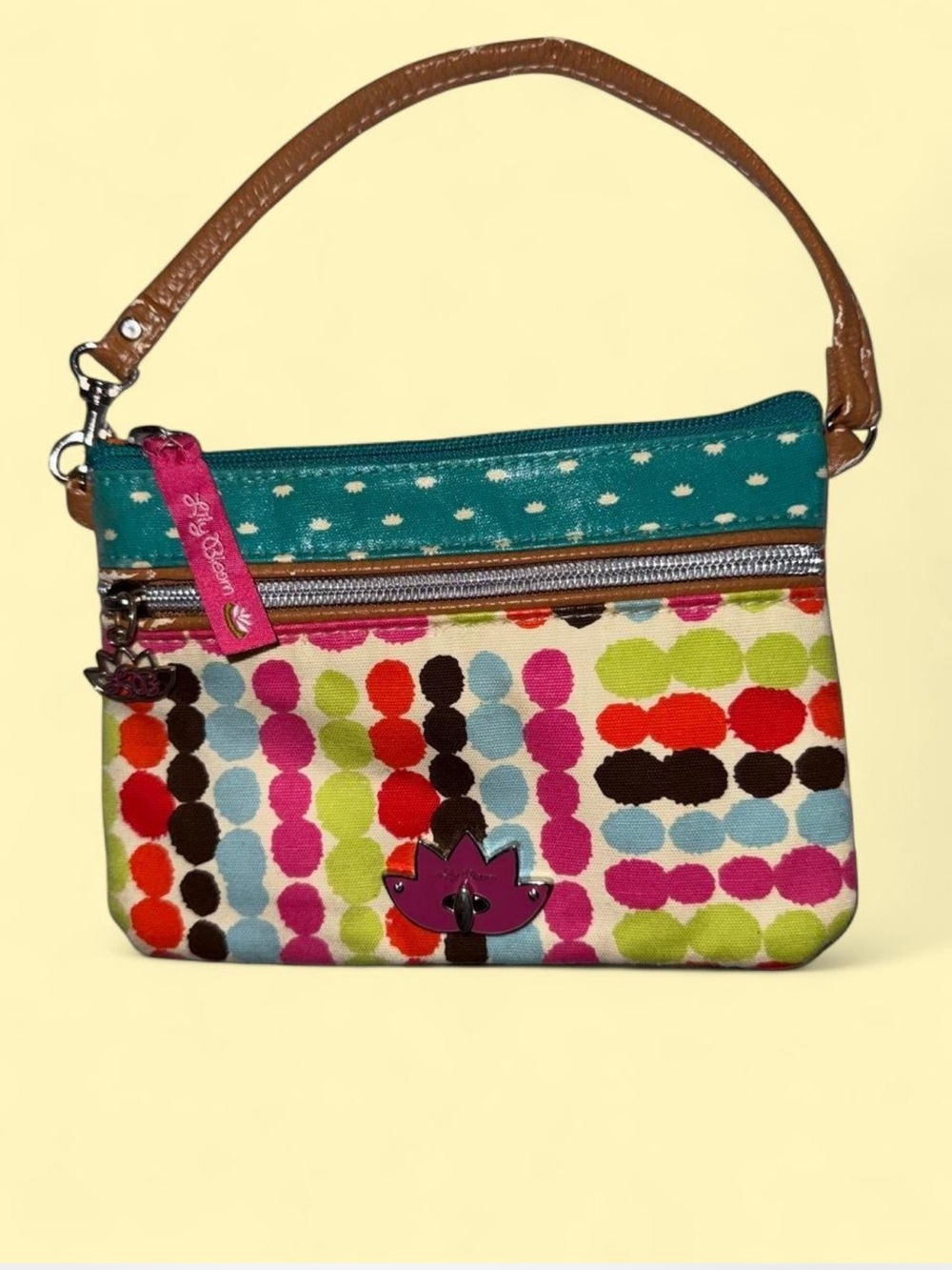Vintage Y2K Lily Bloom Teal Top Multicolor Dot Wristlet with Tan Strap